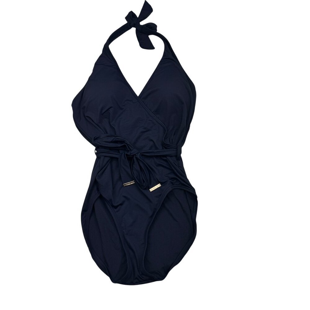 MICHAEL Michael Kors Navy Halter Plunge One-Piece Swimsuit W/Belt Women's 12
